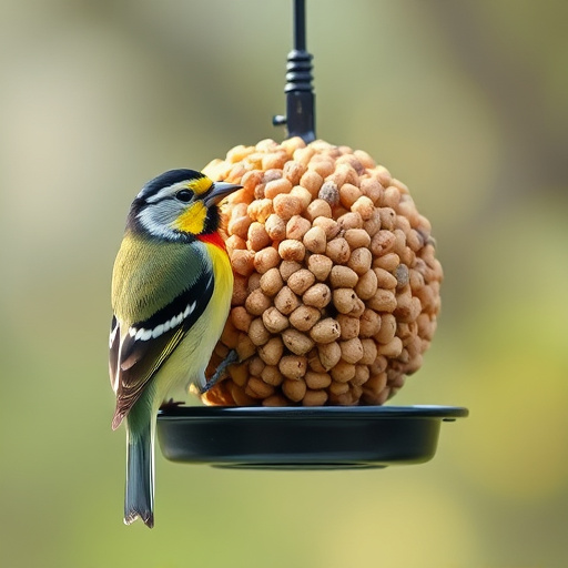 Frost-covered suet feeder in winter garden