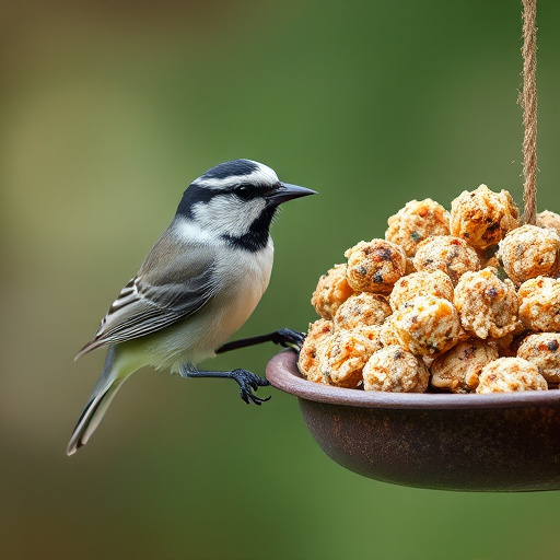 Frost-covered suet feeder in winter garden