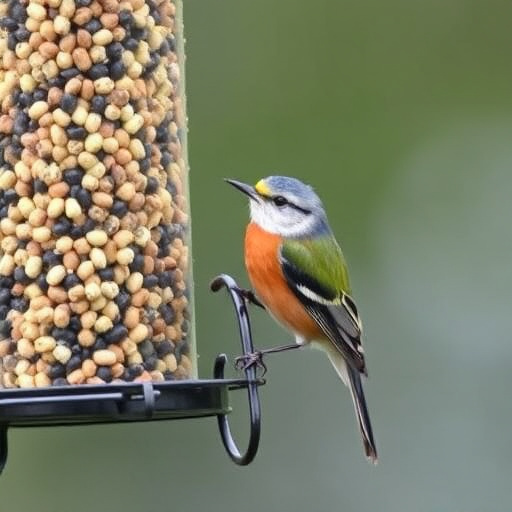 Frost-covered suet feeder in winter garden