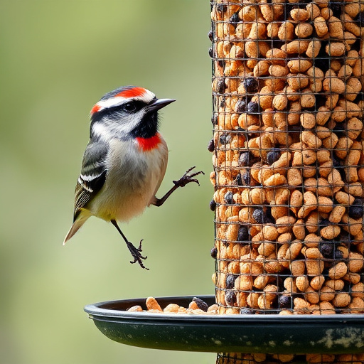 Frost-covered suet feeder in winter garden