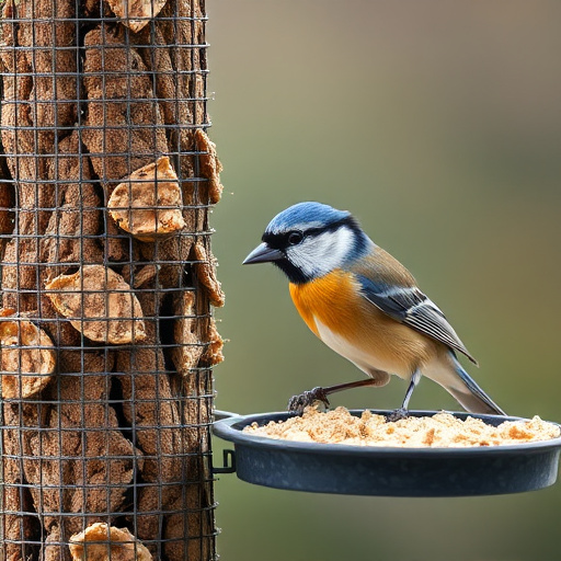 Frost-covered suet feeder in winter garden