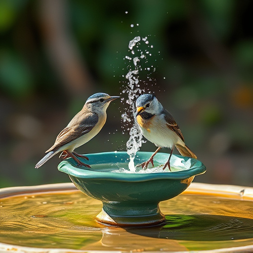 Frosty bird bath visited by small finch