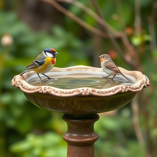 Frosty bird bath visited by small finch