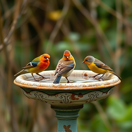 Frosty bird bath visited by small finch