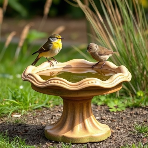 Frosty bird bath visited by small finch
