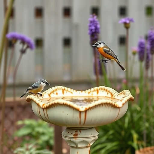Frosty bird bath visited by small finch