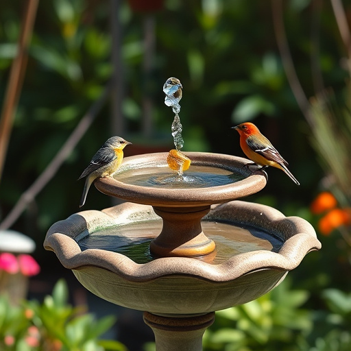 Frosty bird bath visited by small finch