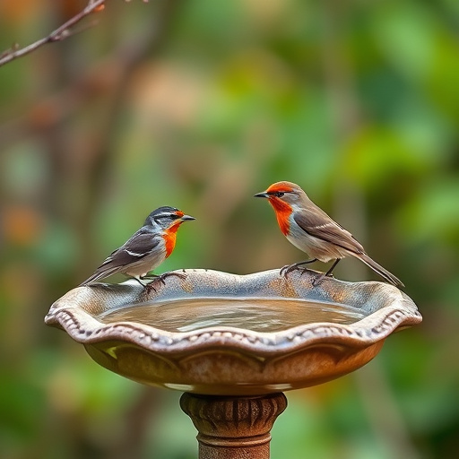 Garden bird bath surrounded by wild grass