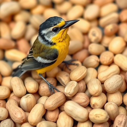 Garden bird pecking at hanging peanut feeder