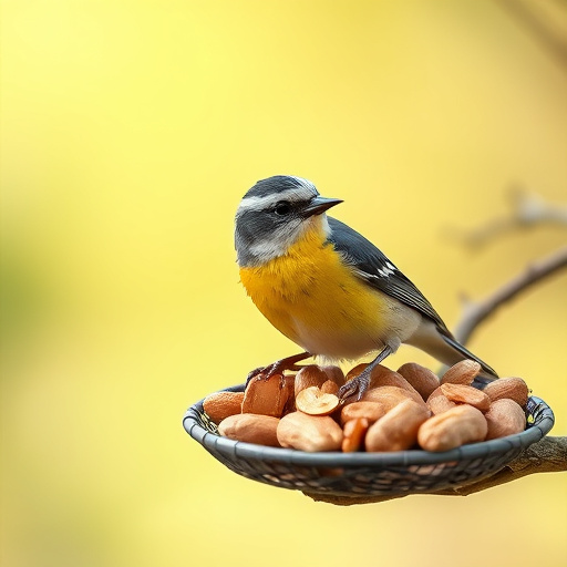 Garden bird pecking at hanging peanut feeder