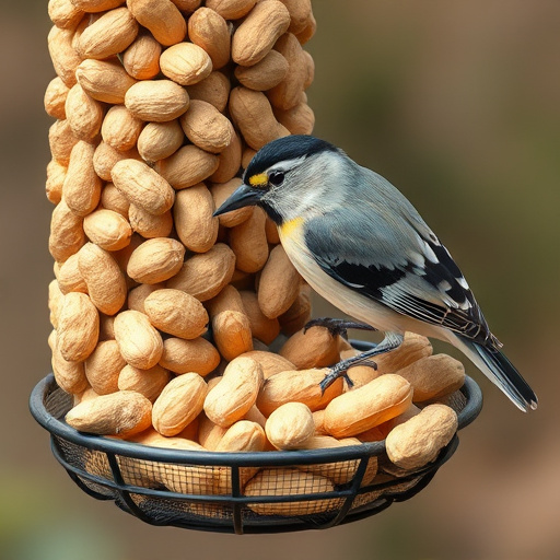 Garden bird pecking at hanging peanut feeder