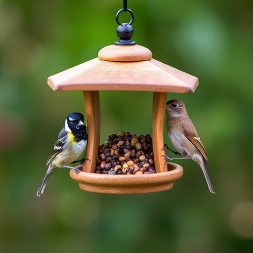 Garden birds feeding at feeder station