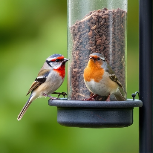 Garden birds feeding at feeder station