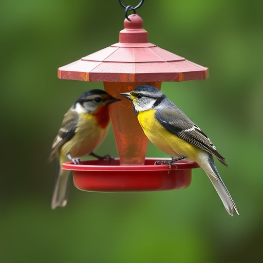 Garden birds feeding at feeder station