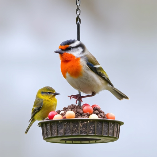 Garden birds feeding from suet ball feeder