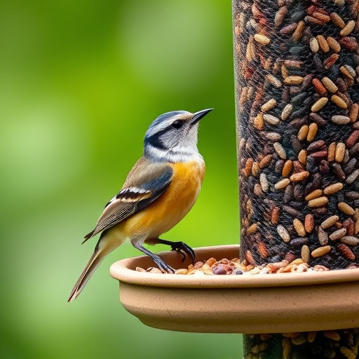 Garden birds gathered around peanut feeder