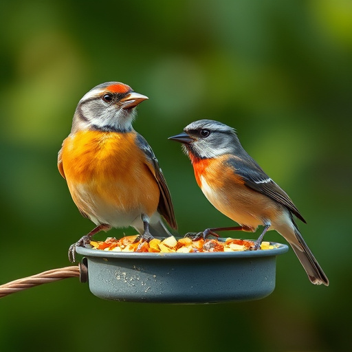 Garden birds gathered around peanut feeder