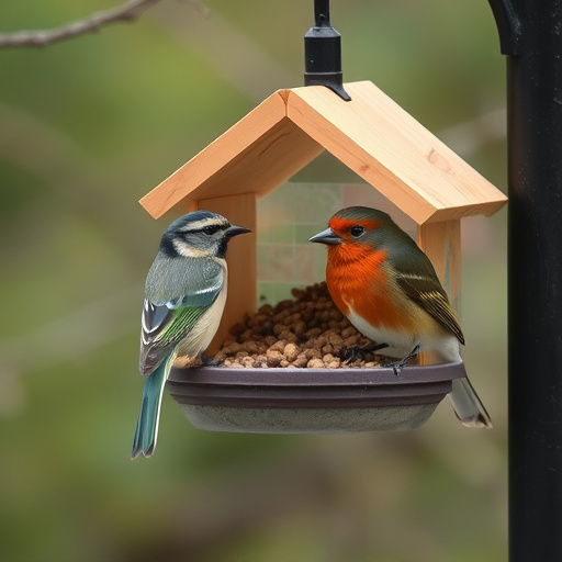 Garden birds sharing fat balls in feeder