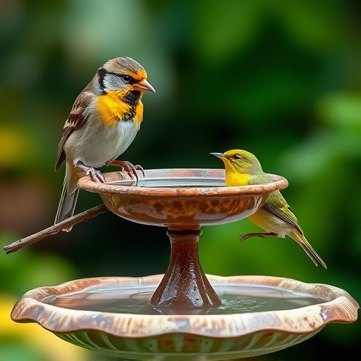 Garden robin perching on shallow bird bath