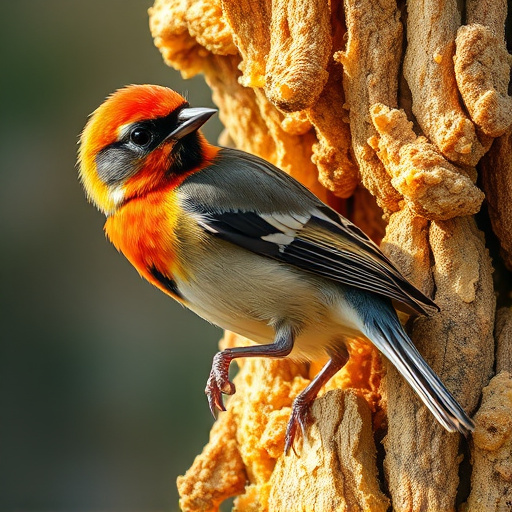 Garden scene with birds feeding suet
