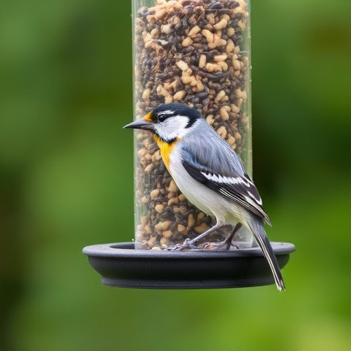 Garden scene with birds feeding suet