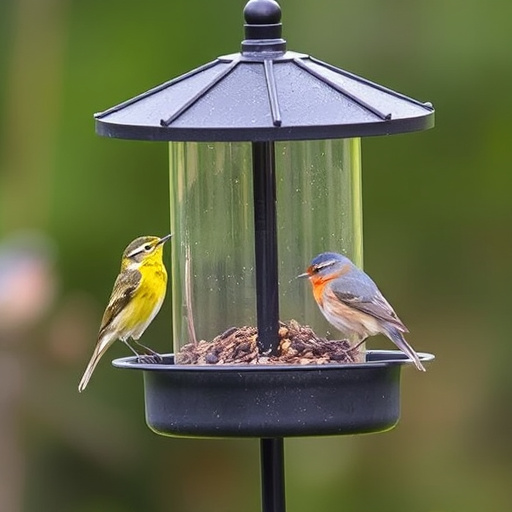 Garden sparrows eating from roofed dish