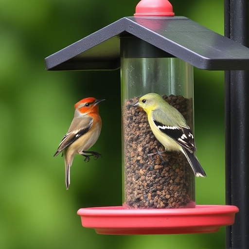 Garden sparrows eating from roofed dish