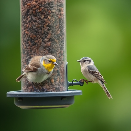 Goldfinch eating from tube seed feeder
