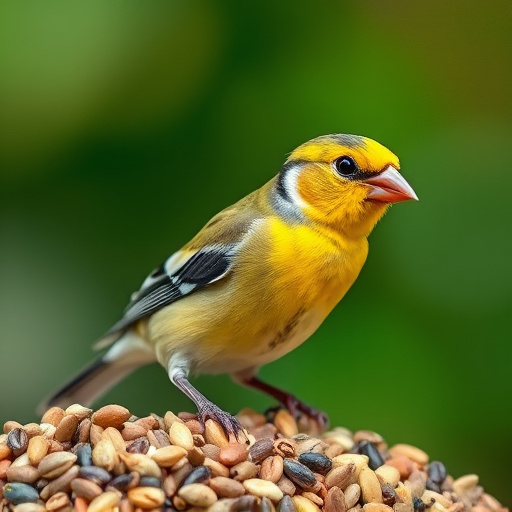 Greenfinch eating sunflower hearts at table