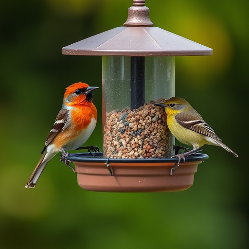 Ground bird feeder on lawn with sparrows