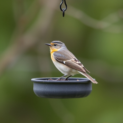 Ground bird feeder on lawn with sparrows