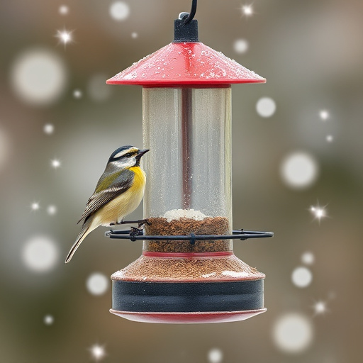 Ground bird feeder on lawn with sparrows