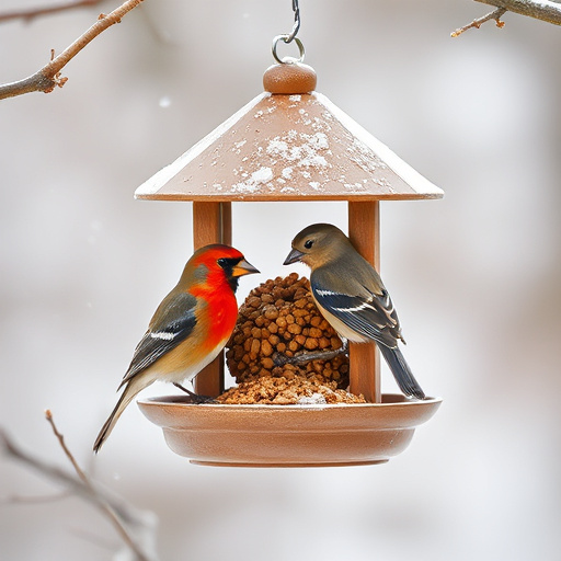 Ground bird feeder on lawn with sparrows