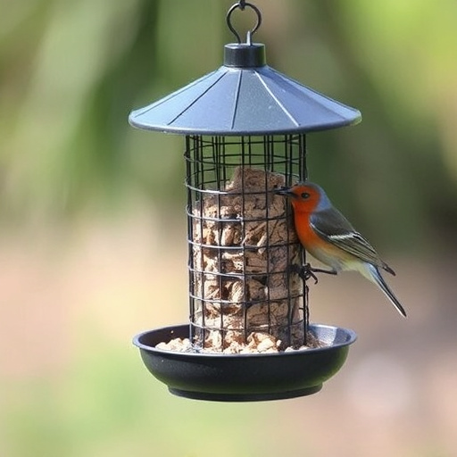 Ground bird feeder on lawn with sparrows