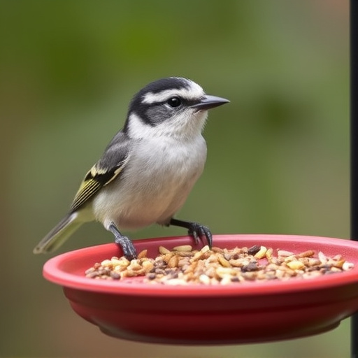 Ground-level feeder surrounded by grass