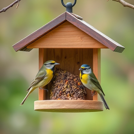 Ground-level feeder with wooden rain canopy