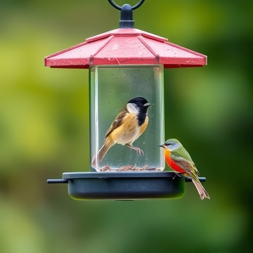Ground-level feeder with wooden rain canopy