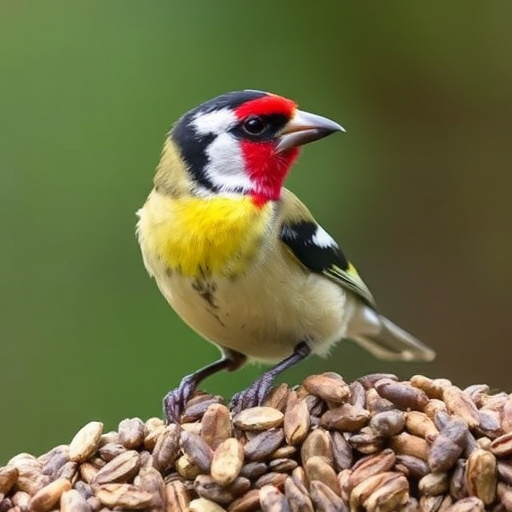 Group of finches feeding in garden