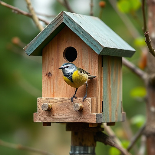 Handcrafted bird box with feeding hole