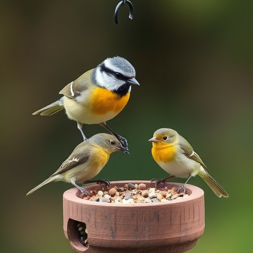 Hanging bird table in cottage garden