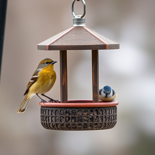 Hanging bird table in cottage garden
