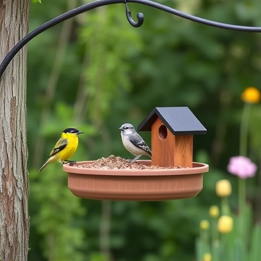 Hanging bird table in cottage garden