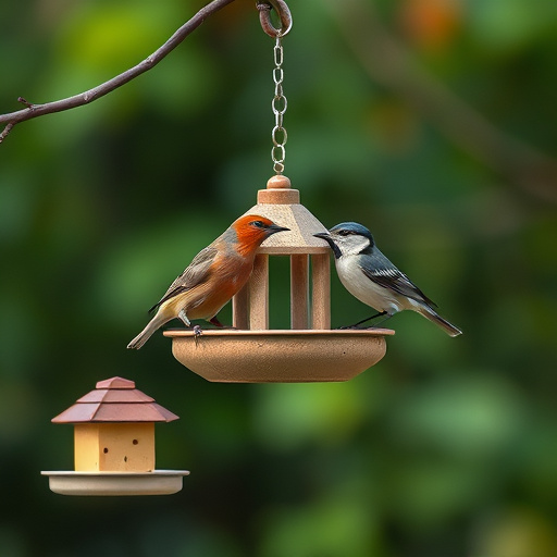Hanging bird table in cottage garden