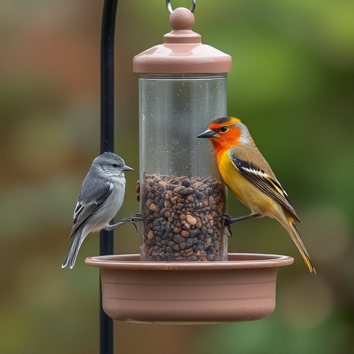Hanging dish feeder attracting garden wrens