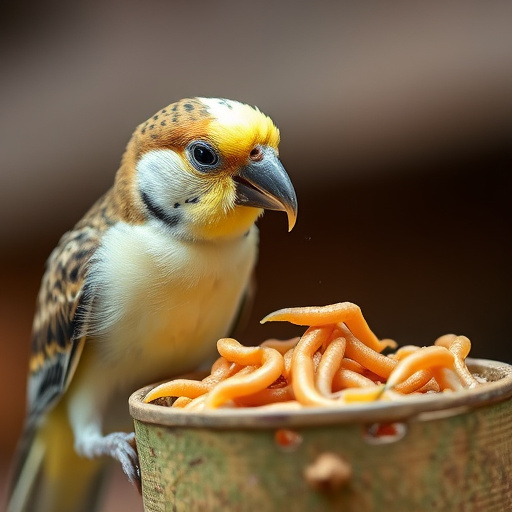 Mealworms scattered on mossy stone perch