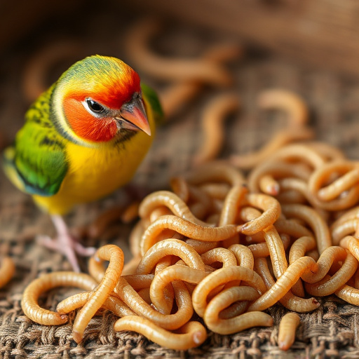 Mealworms scattered on mossy stone perch