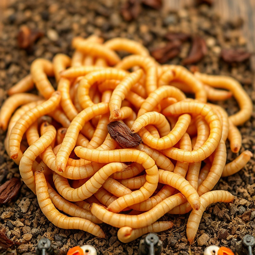 Mealworms scattered on mossy stone perch