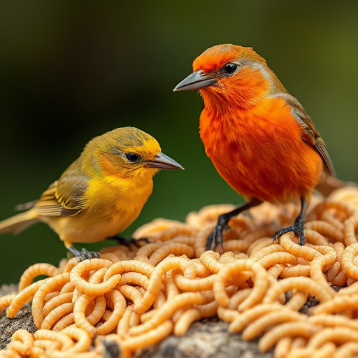 Mealworms scattered on mossy stone perch