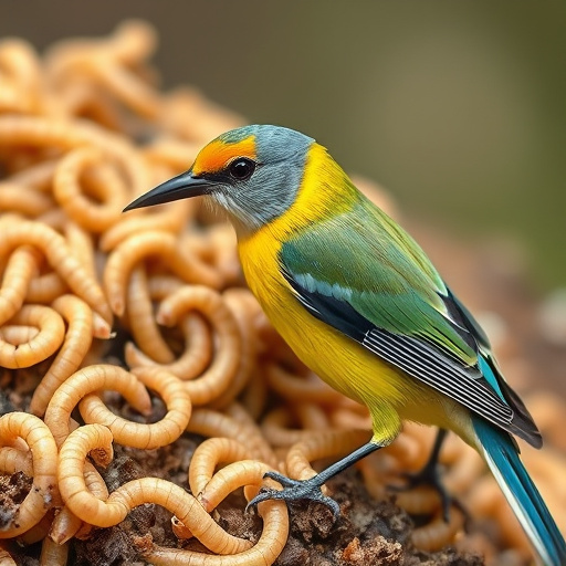 Mealworms scattered on mossy stone perch