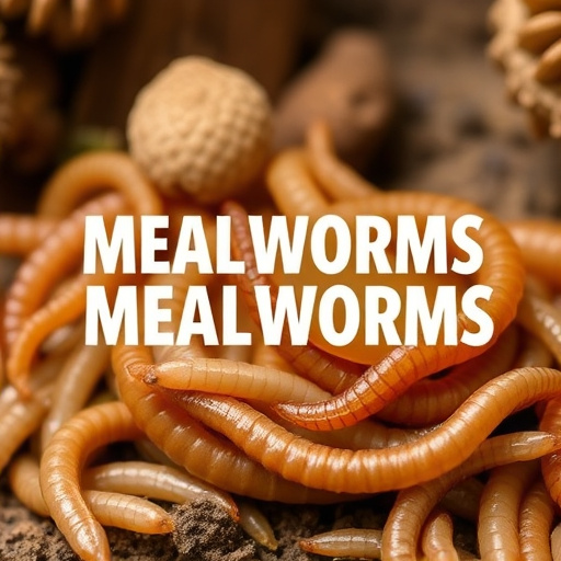 Mealworms scattered on mossy stone perch